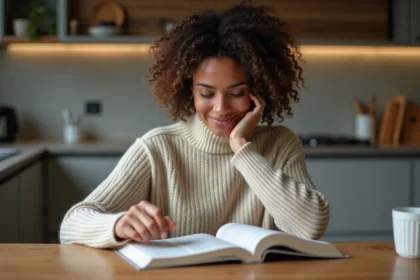 Femme d'âge moyen avec dictionnaire dans la cuisine chaleureuse