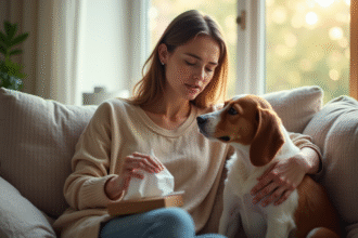 Jeune femme assise sur un canapé lumineux caressant un chien