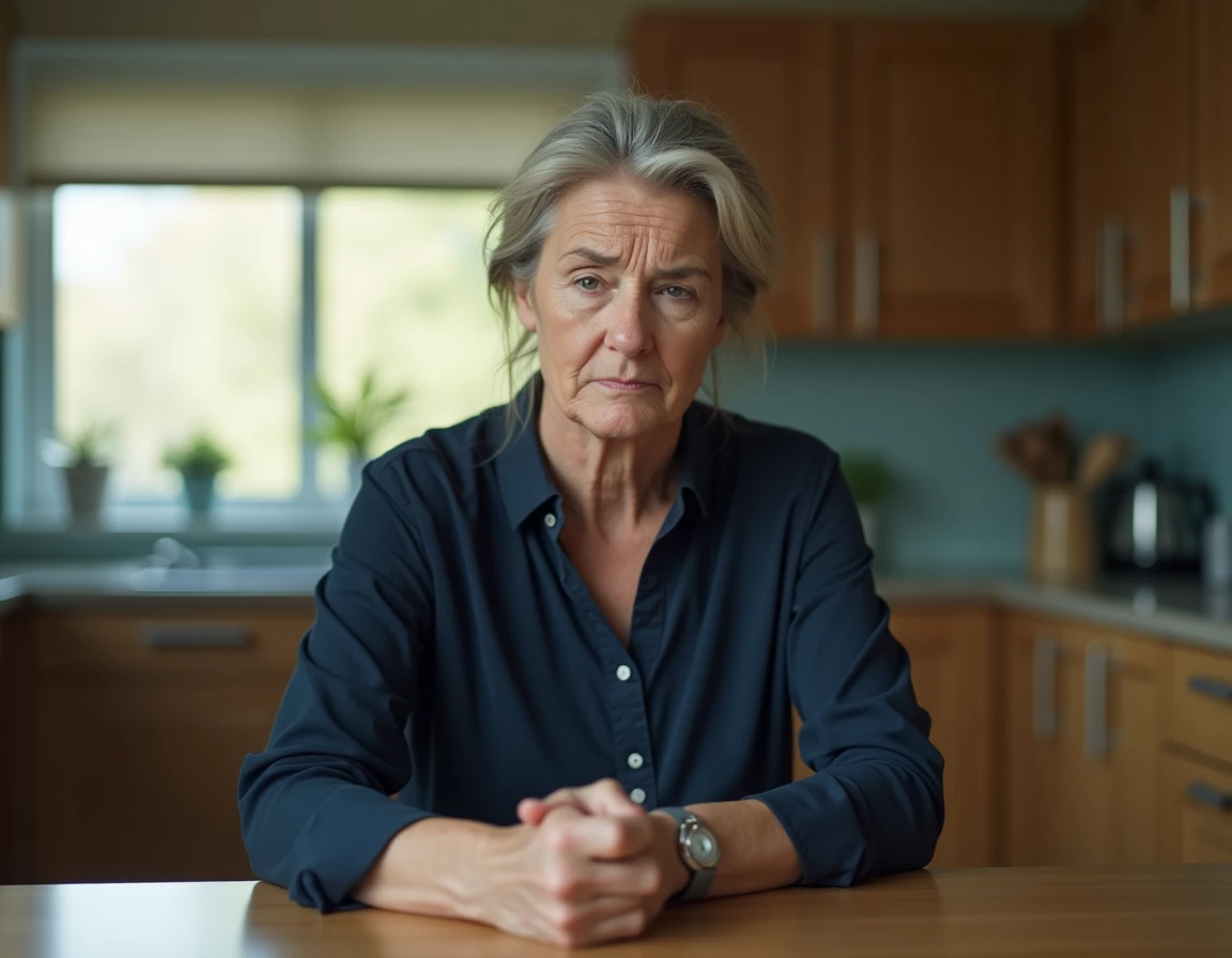 Femme d'une quarantaine d'années à la cuisine, tenant son bras gauche avec une expression de fatigue et de douleur