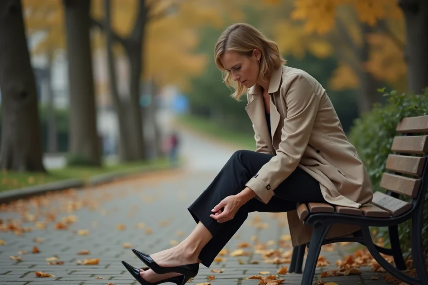 Femme assise sur un banc retirant son talon haut avec une expression de douleur au dessus du pied