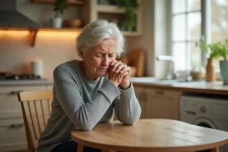 Femme d'âge mûr tenant son bras en raison de douleurs neuropathiques, assise dans une cuisine chaleureuse