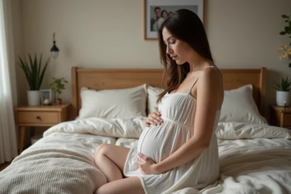 Femme enceinte assise dans sa chambre chaleureuse