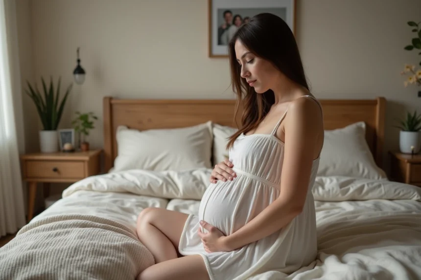 Femme enceinte assise dans sa chambre chaleureuse