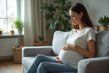 Femme enceinte assise sur un canapé dans un salon cosy