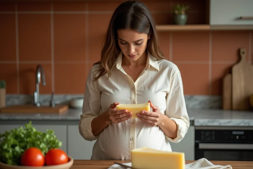 Femme enceinte lisant l'étiquette d'un parmesan dans sa cuisine pour vérifier si le fromage est pasteurisé