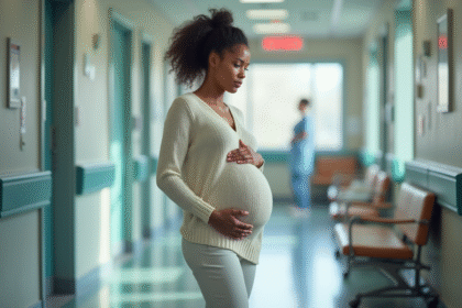 Femme enceinte dans un couloir d'hôpital calme et sereine