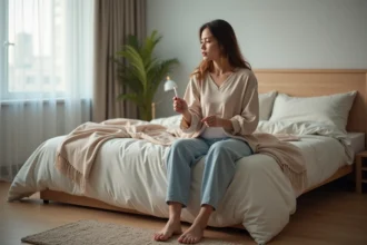 Femme assise au lit tenant un test de grossesse dans une chambre chaleureuse