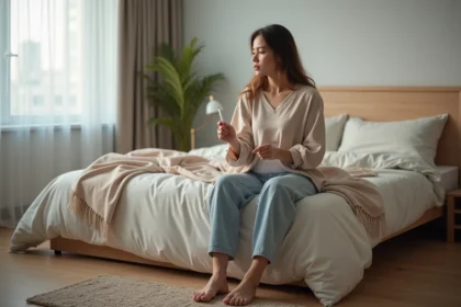 Femme assise au lit tenant un test de grossesse dans une chambre chaleureuse