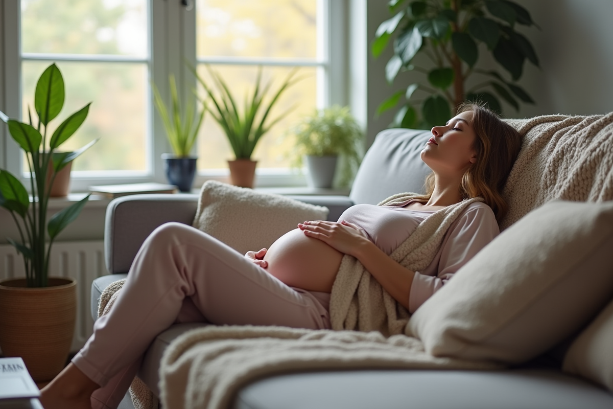 Femme enceinte se reposant sur un canapé dans un salon cosy