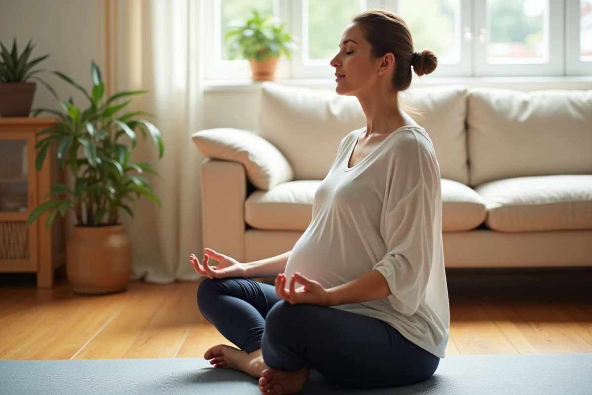 Femme enceinte pratiquant la respiration prénatale à domicile pour patienter avant l'accouchement imminent