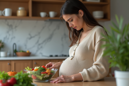 Femme enceinte inspectant une salade colorée à la maison