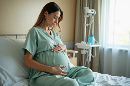 Femme enceinte sereine en salle de travail attendant patiemment l'accouchement avec col ouvert à 2 doigts