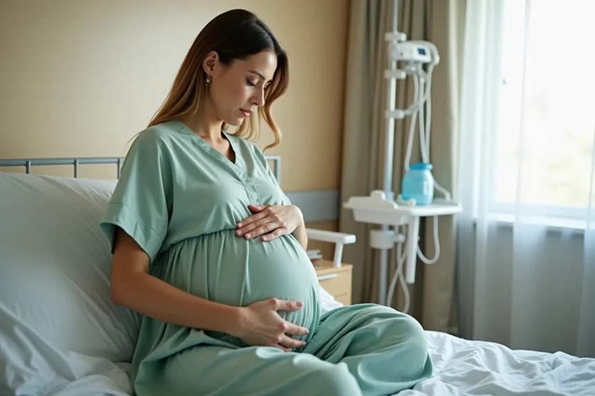 Femme enceinte sereine en salle de travail attendant patiemment l'accouchement avec col ouvert à 2 doigts