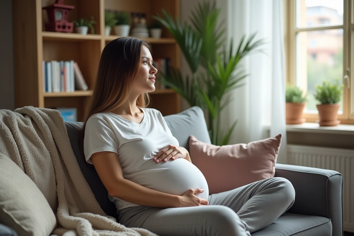 Jeune femme enceinte relaxant dans son salon moderne