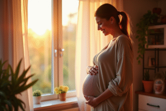 Femme enceinte souriante tenant son ventre dans un intérieur chaleureux