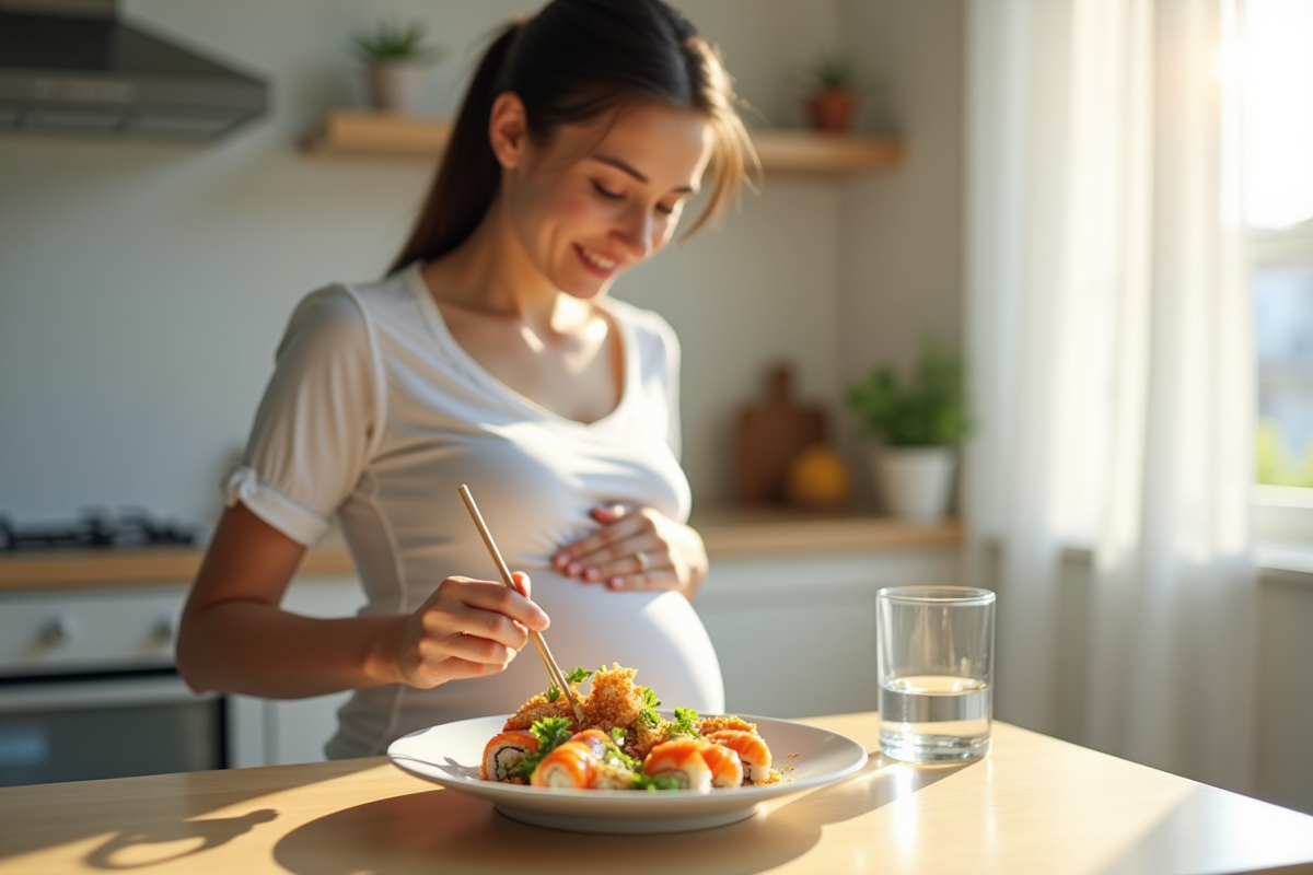 Femme enceinte dégustant du sushi au poulet dans une cuisine lumineuse