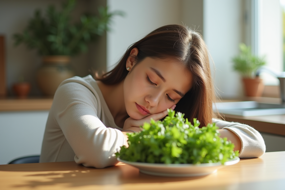 Jeune femme fatiguée dans la cuisine lumineuse avec légumes verts