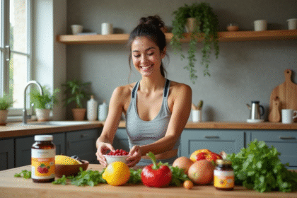 Femme souriante préparant des fruits frais pour une alimentation saine