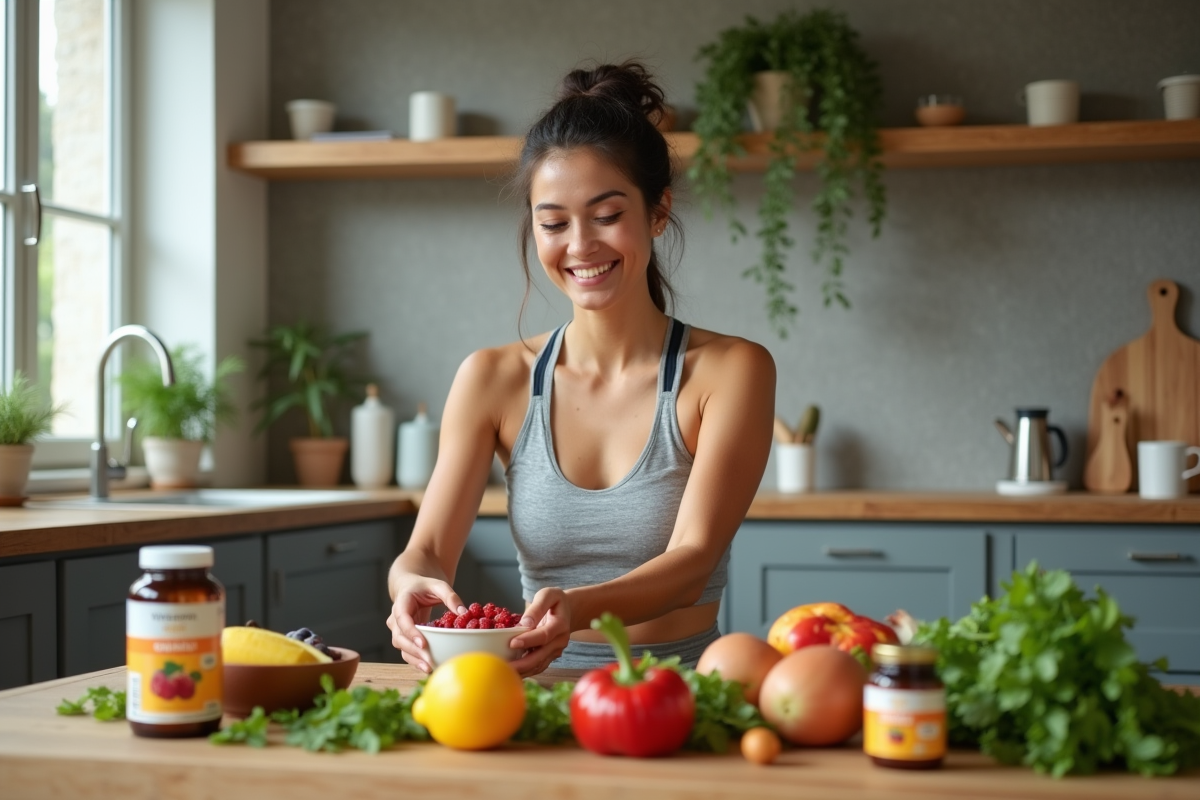 Femme souriante préparant des fruits frais pour une alimentation saine