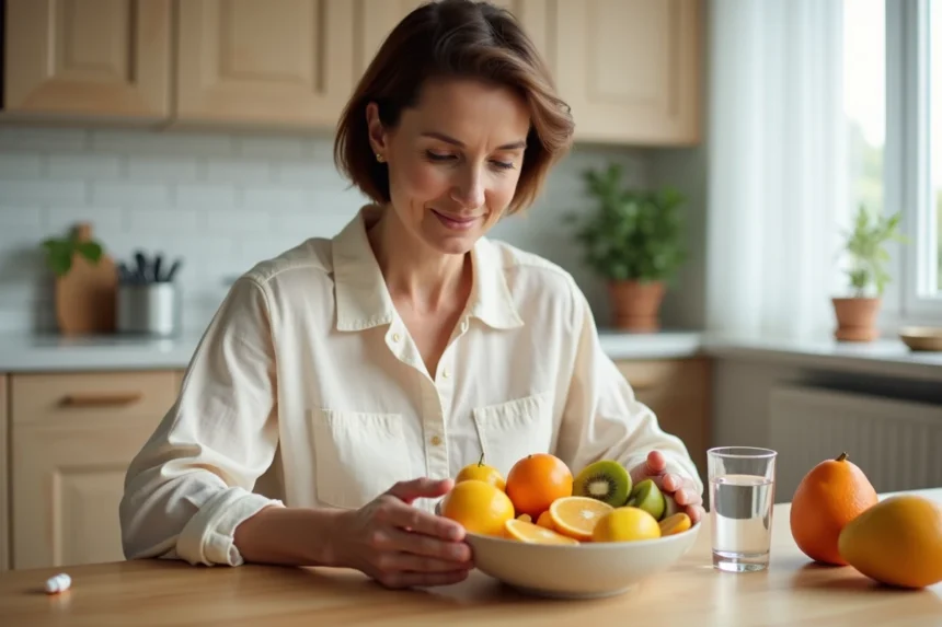 Femme arrangeant un bol de fruits riches en vitamine C sur une table en bois dans une cuisine moderne, avec un complément de vitamine D