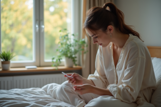 Femme regardant un test de grossesse dans sa main