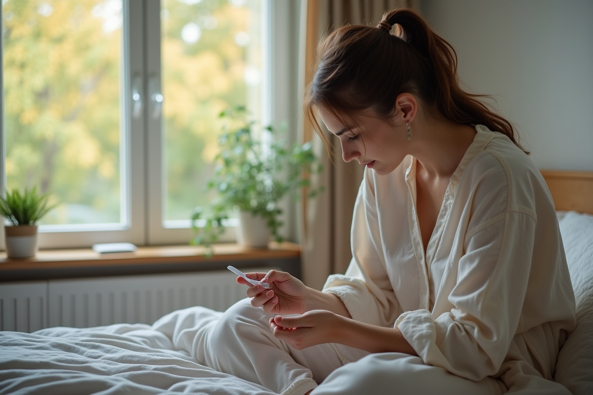 Femme regardant un test de grossesse dans sa main