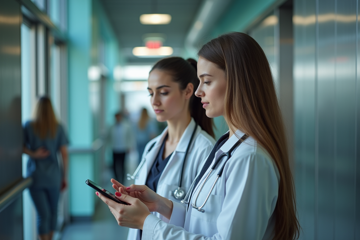 Femme comparant site web médical avec badge dans un hôpital