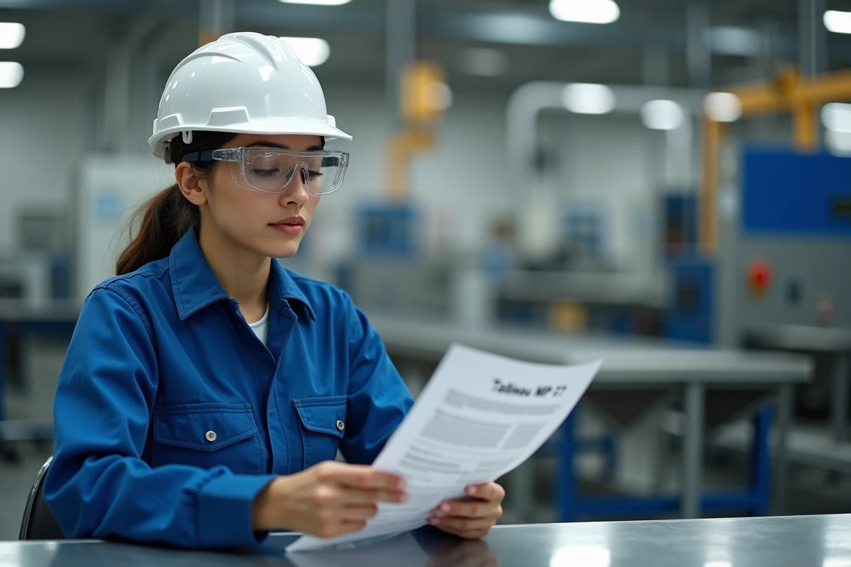 Femme ouvrière lisant un document dans une usine moderne