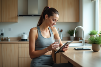 Femme assise à la cuisine avec tablette et eau gazeuse