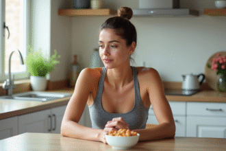 Femme en activewear dans une cuisine lumineuse et moderne