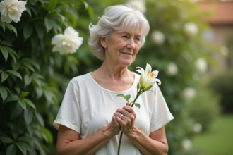 Femme contemplant une lys blanche dans un jardin