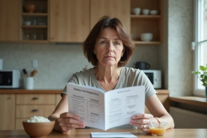 Femme méditative lisant un guide de préparation à la colonoscopie