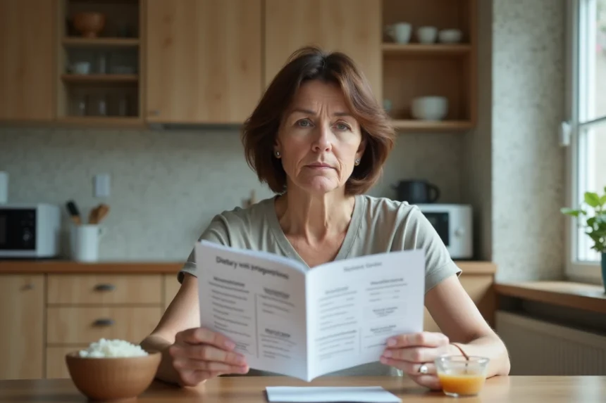 Femme méditative lisant un guide de préparation à la colonoscopie