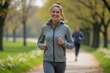 Femme souriante marche dans un parc au printemps