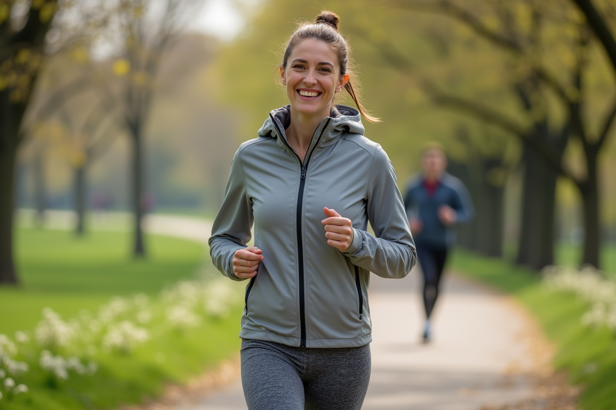 Femme souriante marche dans un parc au printemps