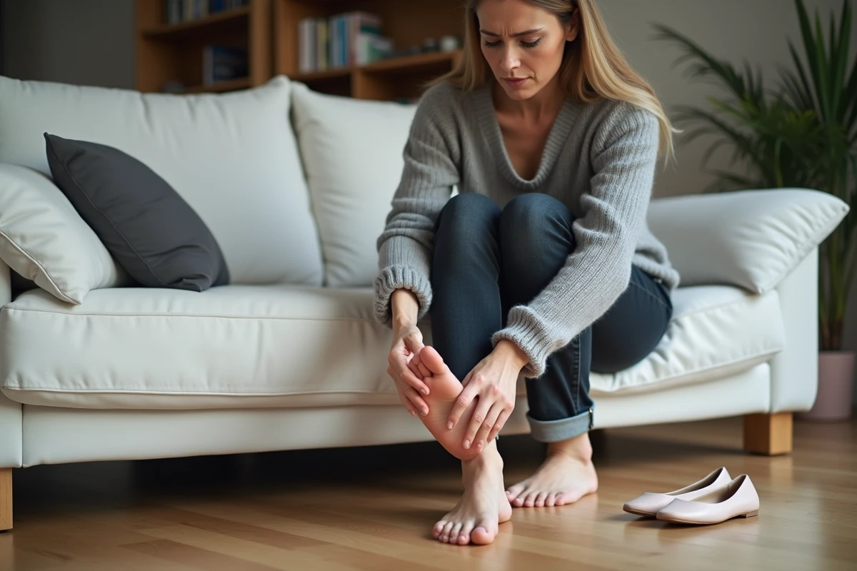 Femme massant le dessus de son pied nu après avoir porté des ballerines dans un intérieur moderne