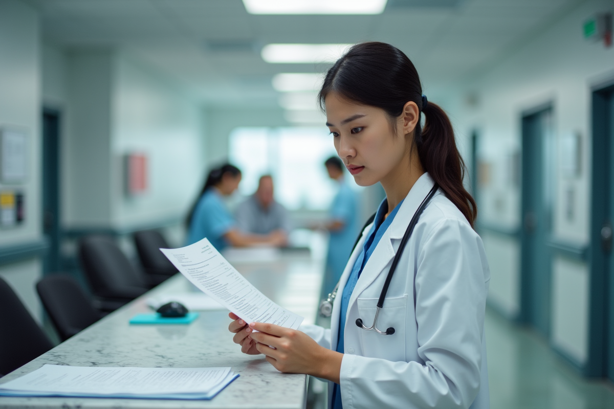 Jeune femme médecin vérifiant une fiche de paie