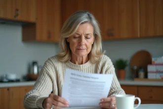 Femme d'âge moyen relisant un document médical à la maison
