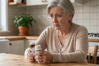 Femme mature examinant deux boîtes de médicaments à une table de cuisine, illustrant la question du cumul de Proteochoc et d'anti-inflammatoires