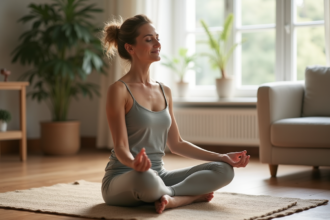 Femme méditant assise dans un salon calme et cosy