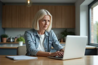 Femme d'âge moyen travaillant sur un ordinateur dans une cuisine moderne