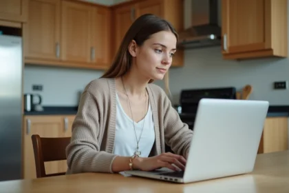 Jeune femme concentrée sur son ordinateur dans la cuisine