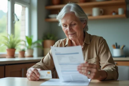 Femme organisée avec documents et carte santé dans une cuisine