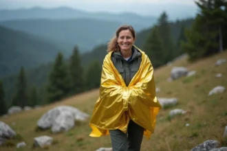 Femme en randonnée enveloppant une couverture d'urgence dorée