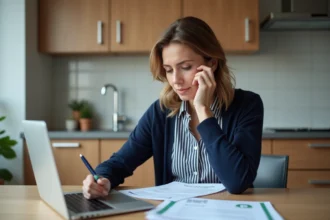 Femme en cuisine examine des papiers avec espoir