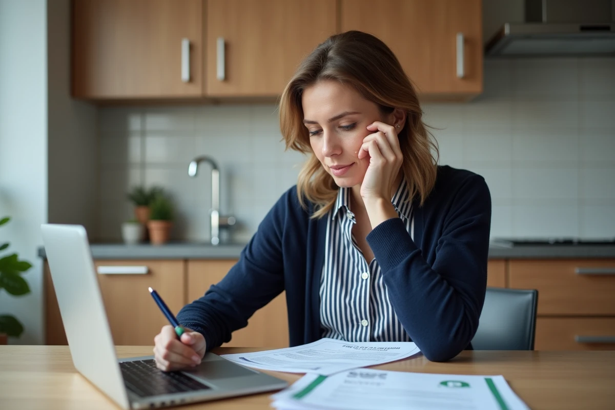 Femme en cuisine examine des papiers avec espoir