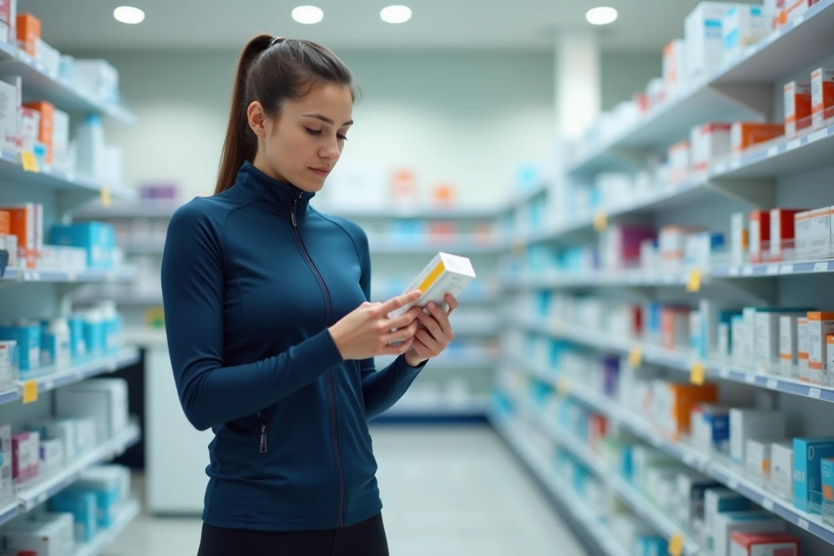 Femme lisant attentivement une notice de médicament en pharmacie pour surveiller l'impact sur le foie