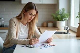 Femme lisant une notice de medicament dans la cuisine