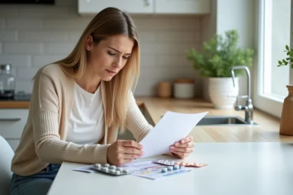 Femme lisant une notice de medicament dans la cuisine