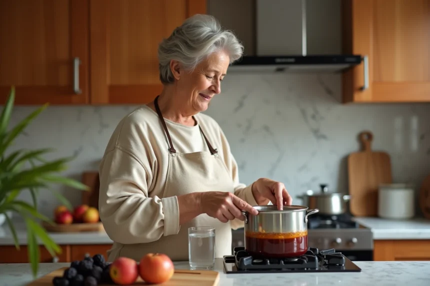 Femme préparant une compote de fruits aux pruneaux sur une cuisinière moderne pour soulager la constipation